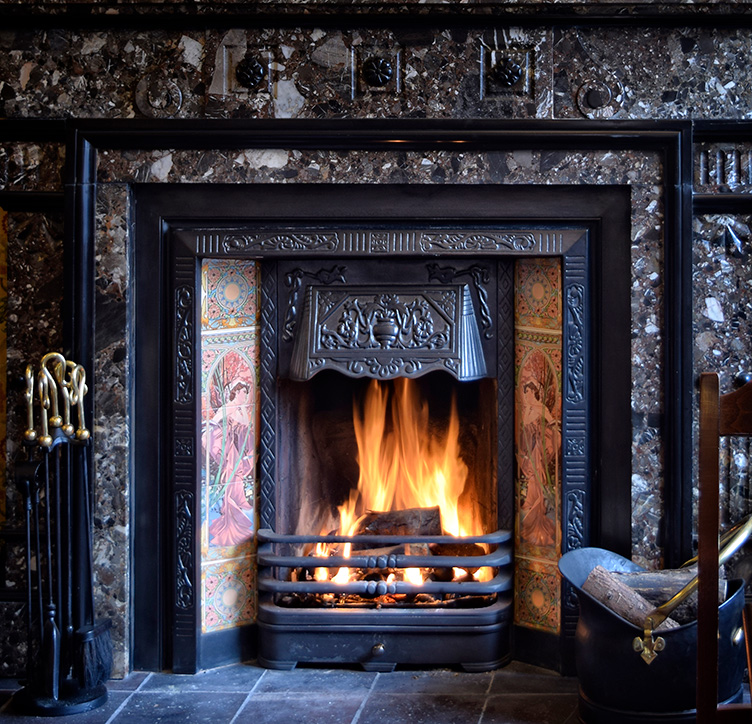 log burning fire in pub